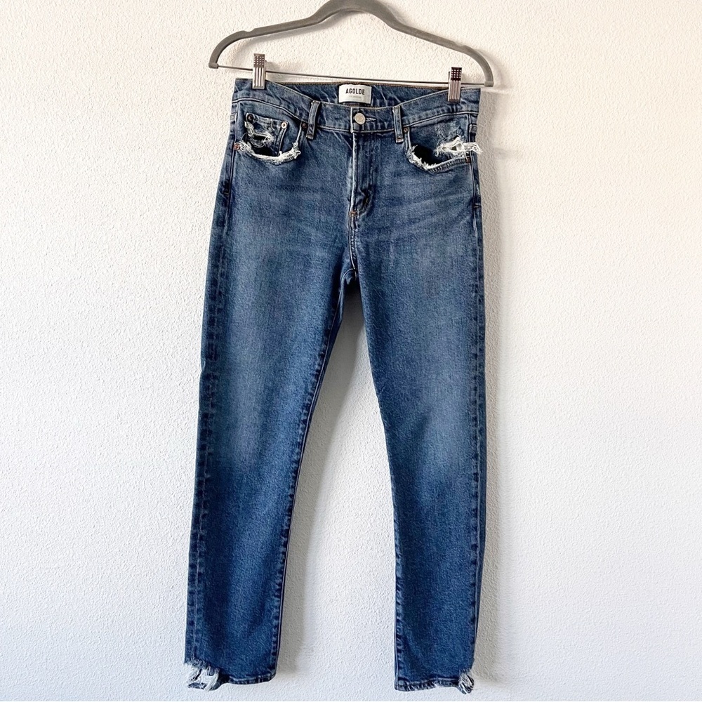AGOLDE Toni Mid Rise Straight Leg Jeans Viewpoint Wash Distressed Denim - Picture 2 of 8